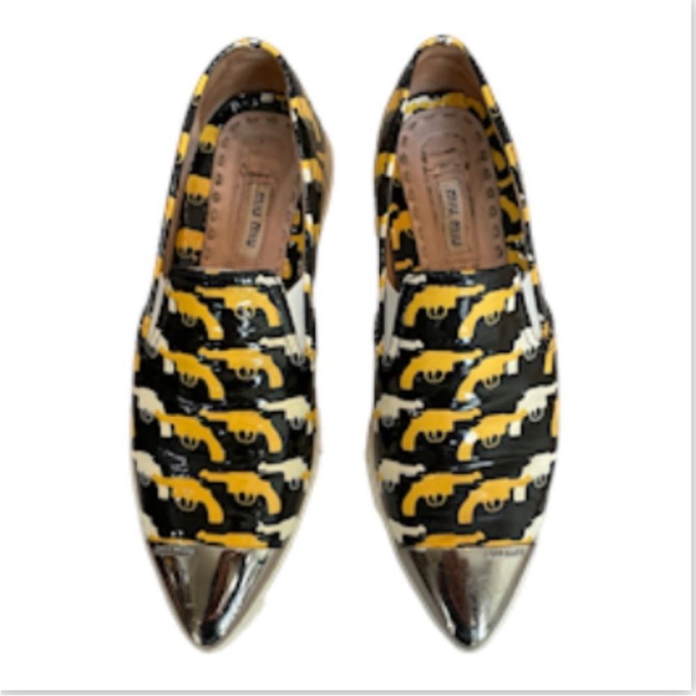 Miu Miu Glossy Gun Print Patent Leather Pointy Toe Slip-on Sneaker Metal Cap Toe